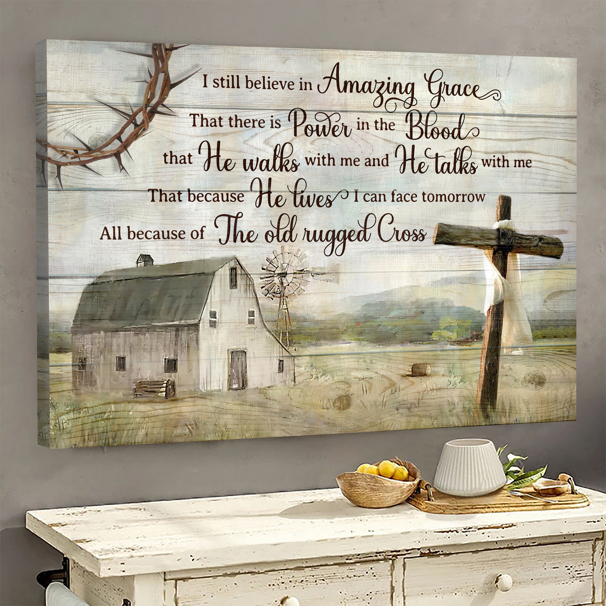 Vintage house, Wooden cross, I still believe in amazing grace - Jesus Landscape Canvas Prints Wall Art