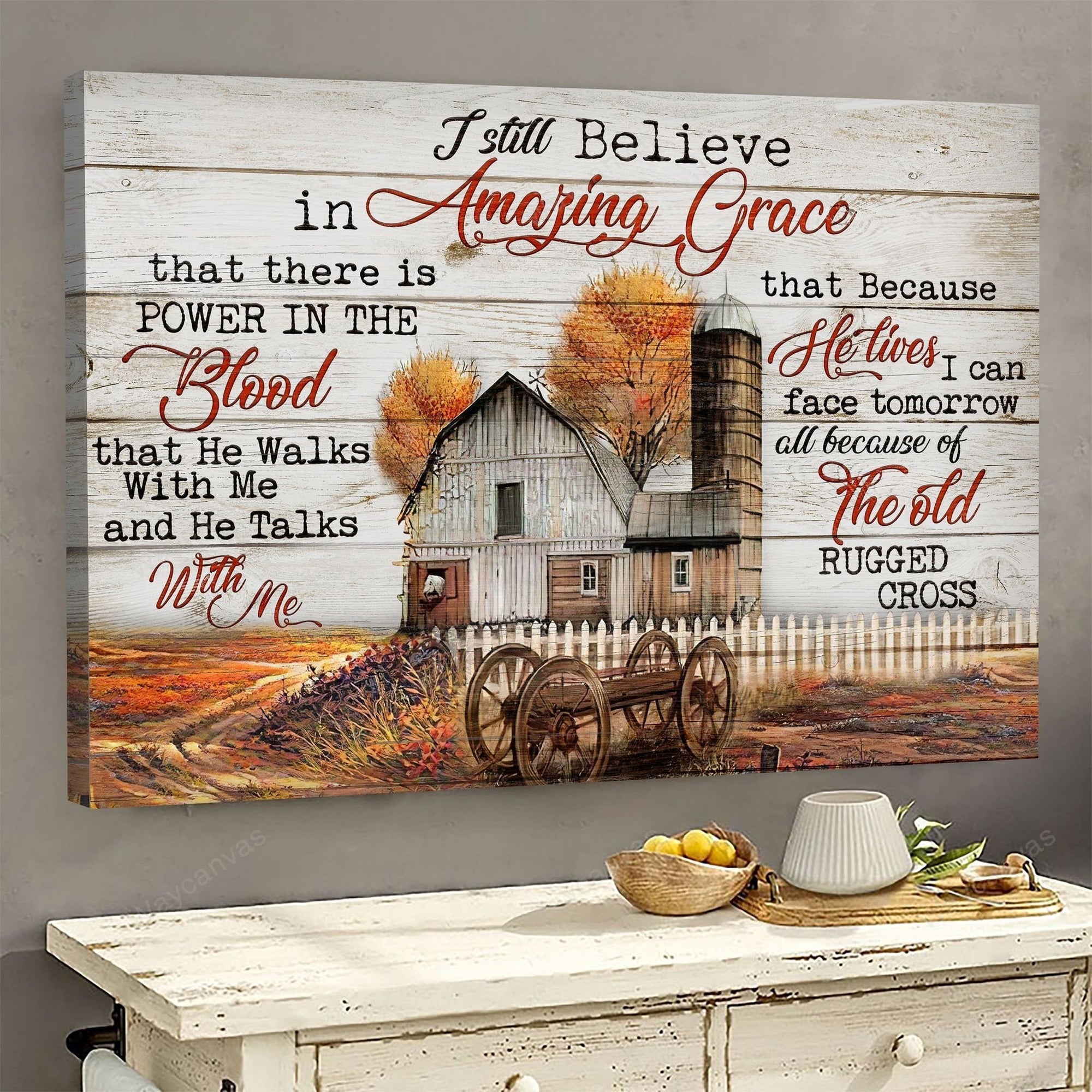 Countryside painting, Autumn field, Old barn house, I still believe in amazing grace - Jesus Landscape Canvas Print, Wall Art
