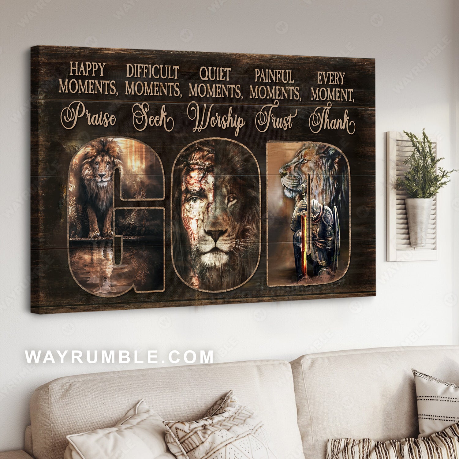 Lion of Judah, Knight of God, Happy moments praise God, Every moment thank God - Jesus Landscape Canvas Prints, Christian Wall Art