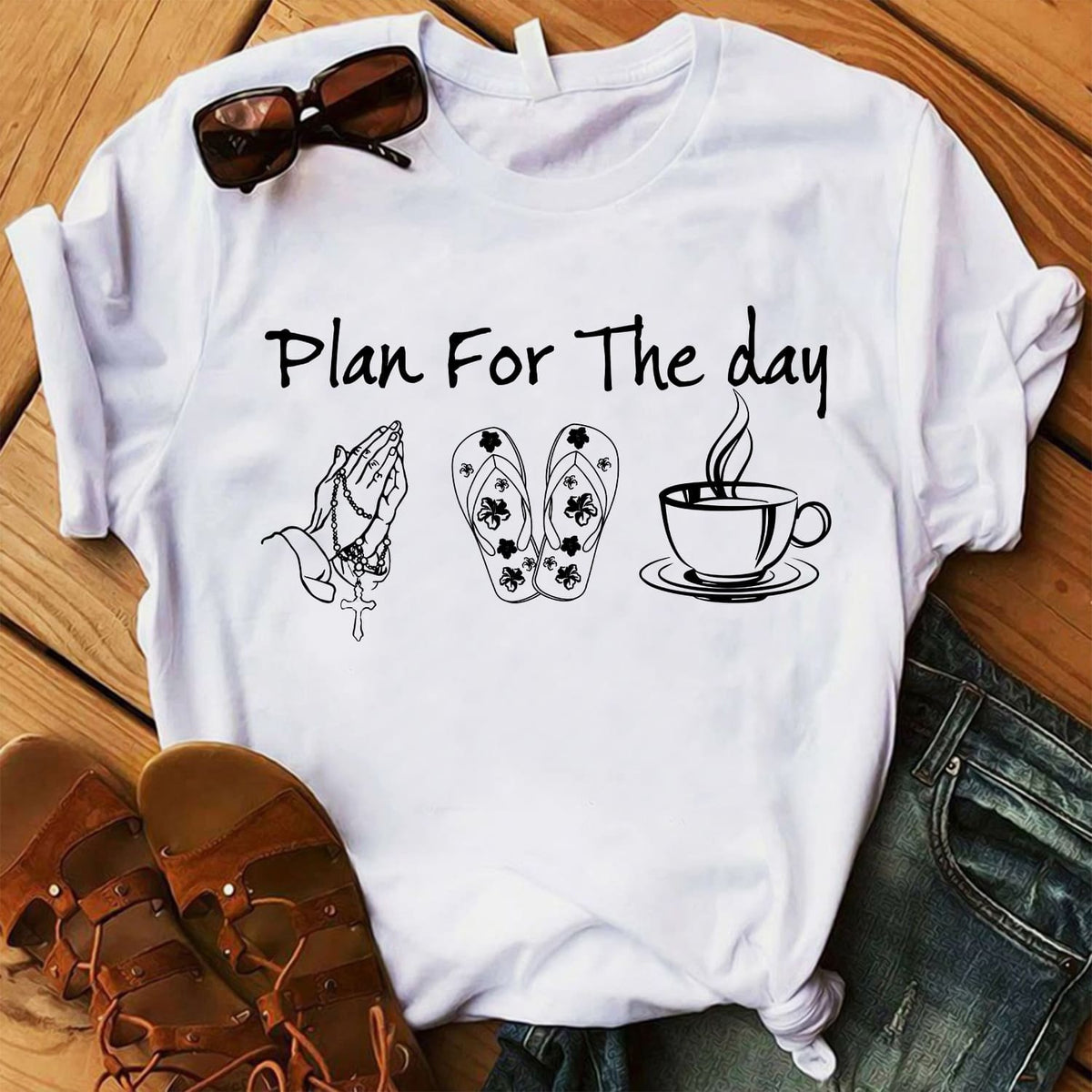 Praying hands, sandal, tea - Plan for a day - Jesus White Apparel