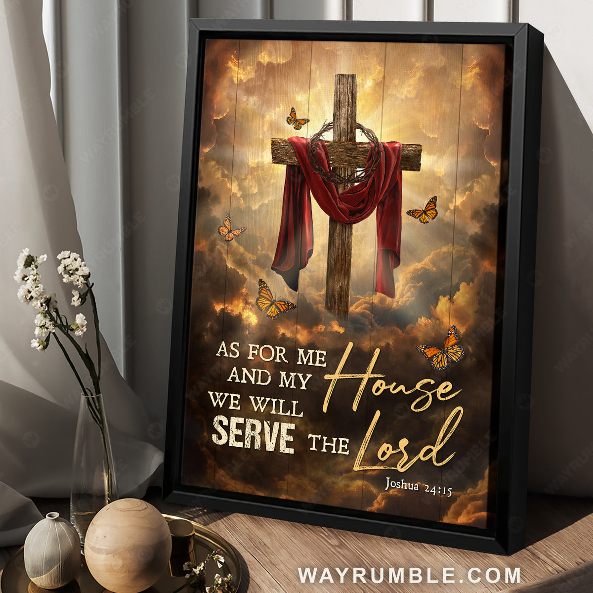 Stunning sunset, Big cross, Monarch butterfly, As for me and my house - Jesus Portrait Canvas Prints, Christian Wall Art
