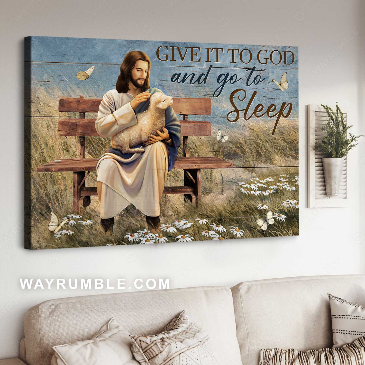 Daisy field, Lamb of God, Jesus painting, Give it to God and go to sleep - Jesus Landscape Canvas Prints, Home Decor Wall Art
