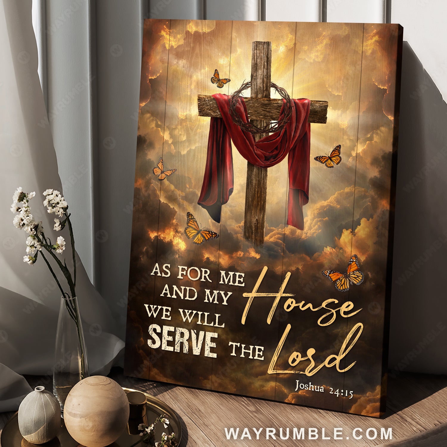Stunning sunset, Big cross, Monarch butterfly, As for me and my house - Jesus Portrait Canvas Prints, Christian Wall Art