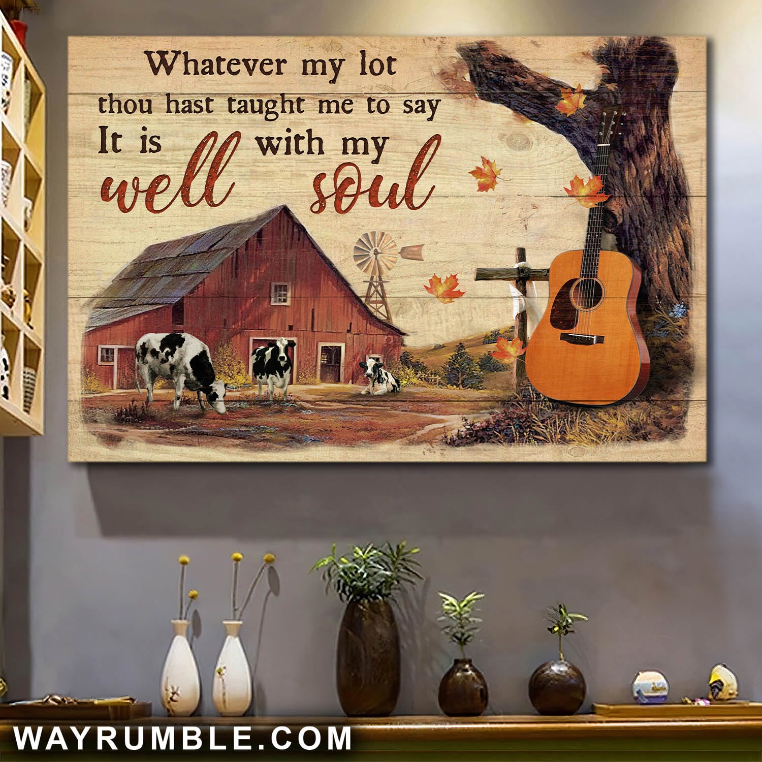 Autumn farm, Guitar, Cow, Whatever my lot thou hast taught me to say, it is well with my soul - Jesus Landscape Canvas Prints, Wall Art