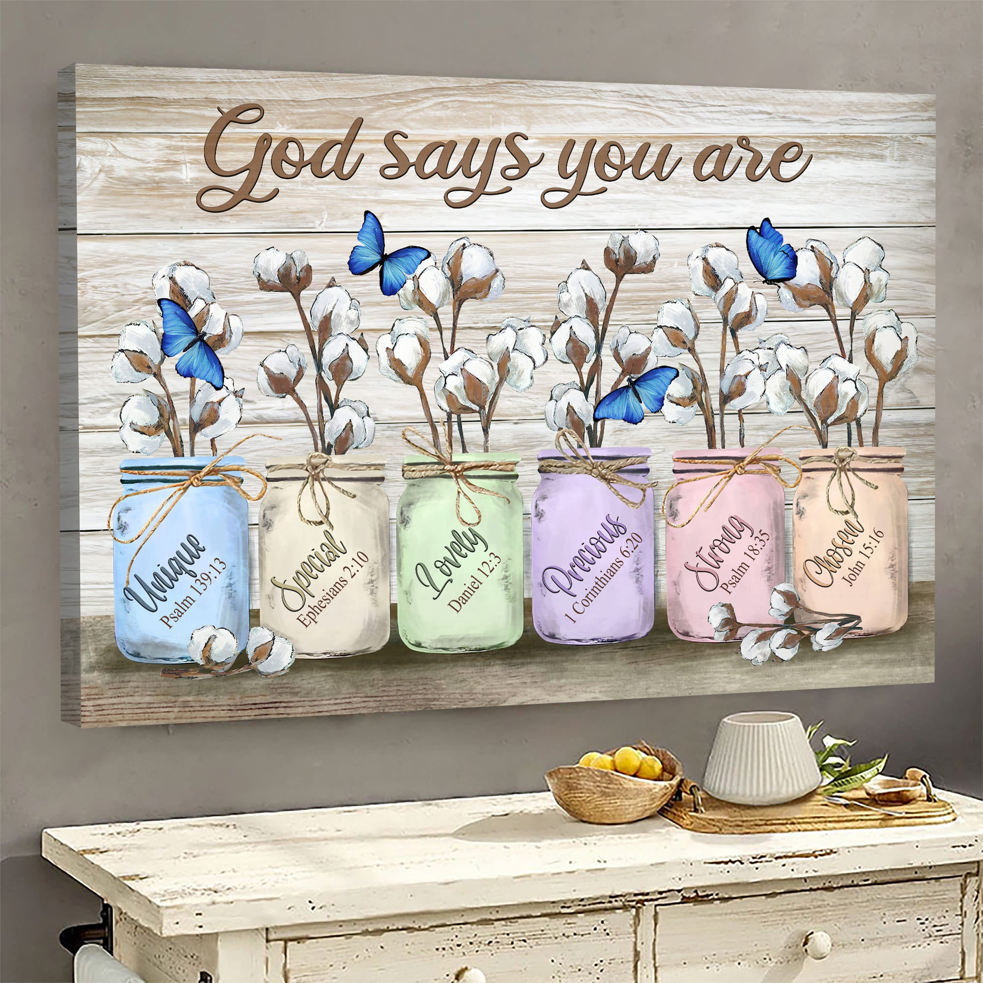 Blue butterfly, Cotton flower jar, God says you are - Jesus Landscape Canvas Prints, Wall Art