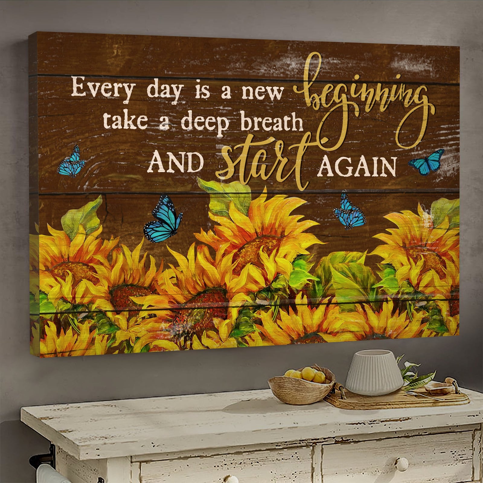 Butterfly, Sunflower field, Every day is a new beginning - Jesus Landscape Canvas Prints, Wall Art