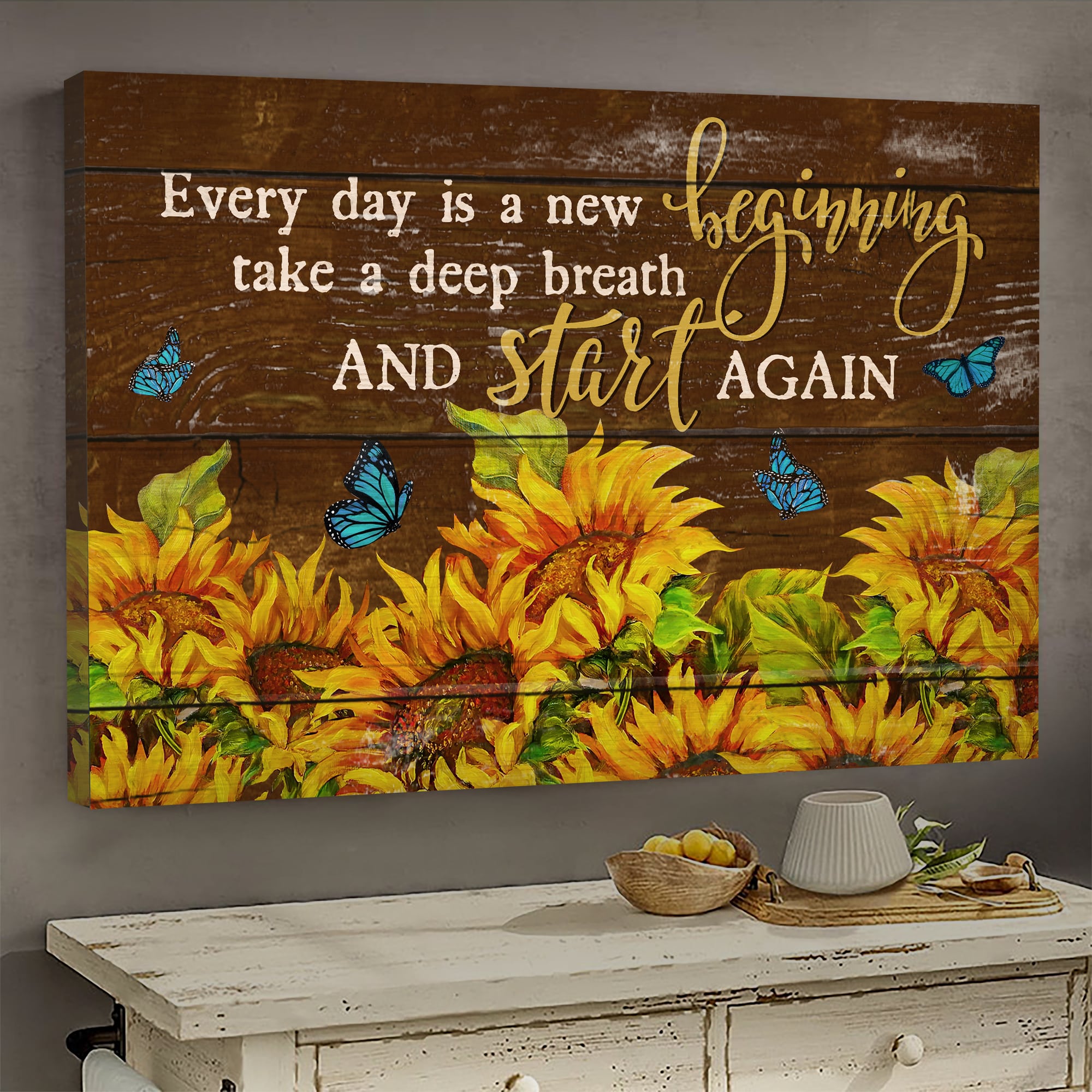 Butterfly, Sunflower field, Every day is a new beginning - Jesus Landscape Canvas Prints, Wall Art