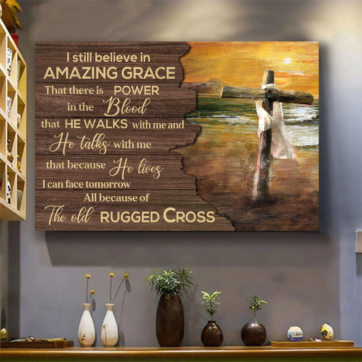 Sunset on the beach, Wooden cross, I still believe in amazing grace - Landscape Canvas Prints, Wall Art