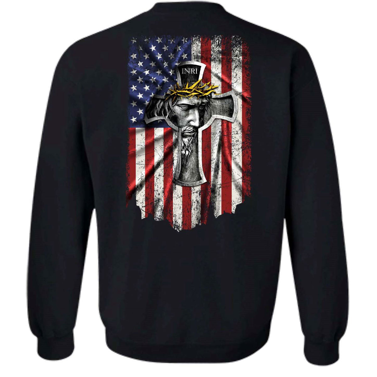 Us flag, Jesus painting, Crown of thorn, God blesses us - Jesus Back-printed Black Apparel