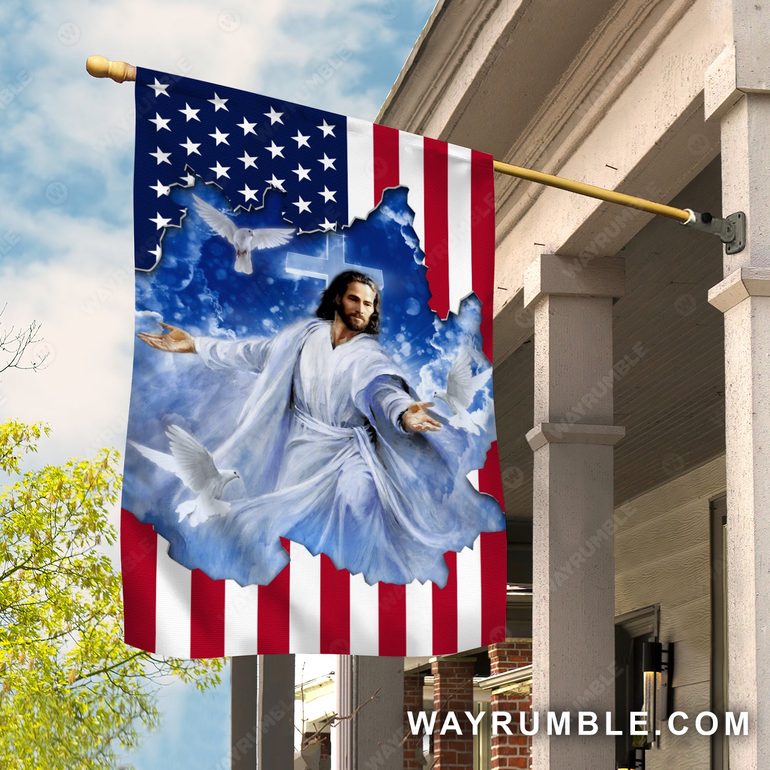 Walking with Jesus, Blue sky, White dove, Unique US flag - Jesus Flag