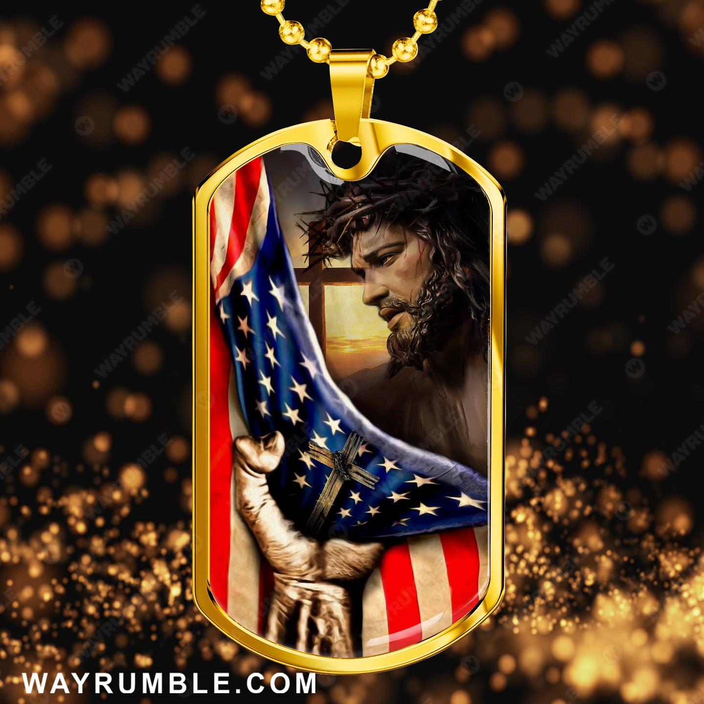Jesus painting, US flag, Crown of thorn, Wooden cross - Jesus Dog Tag