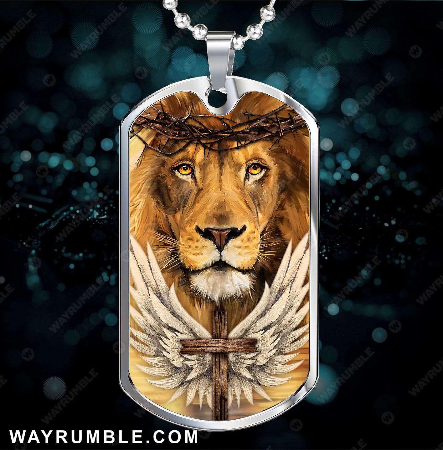 Lion of Judah, Wooden cross, Angel wings - Jesus Dog Tag