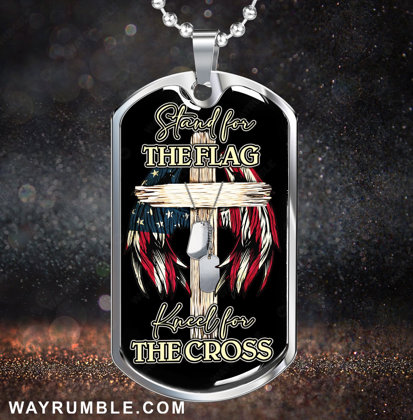 The rugged cross, The US flag, Stand for the flag, Kneel for the cross - Jesus Dog Tag Military chain