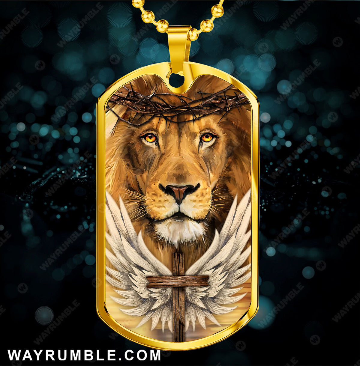 Lion of Judah, Wooden cross, Angel wings - Jesus Dog Tag