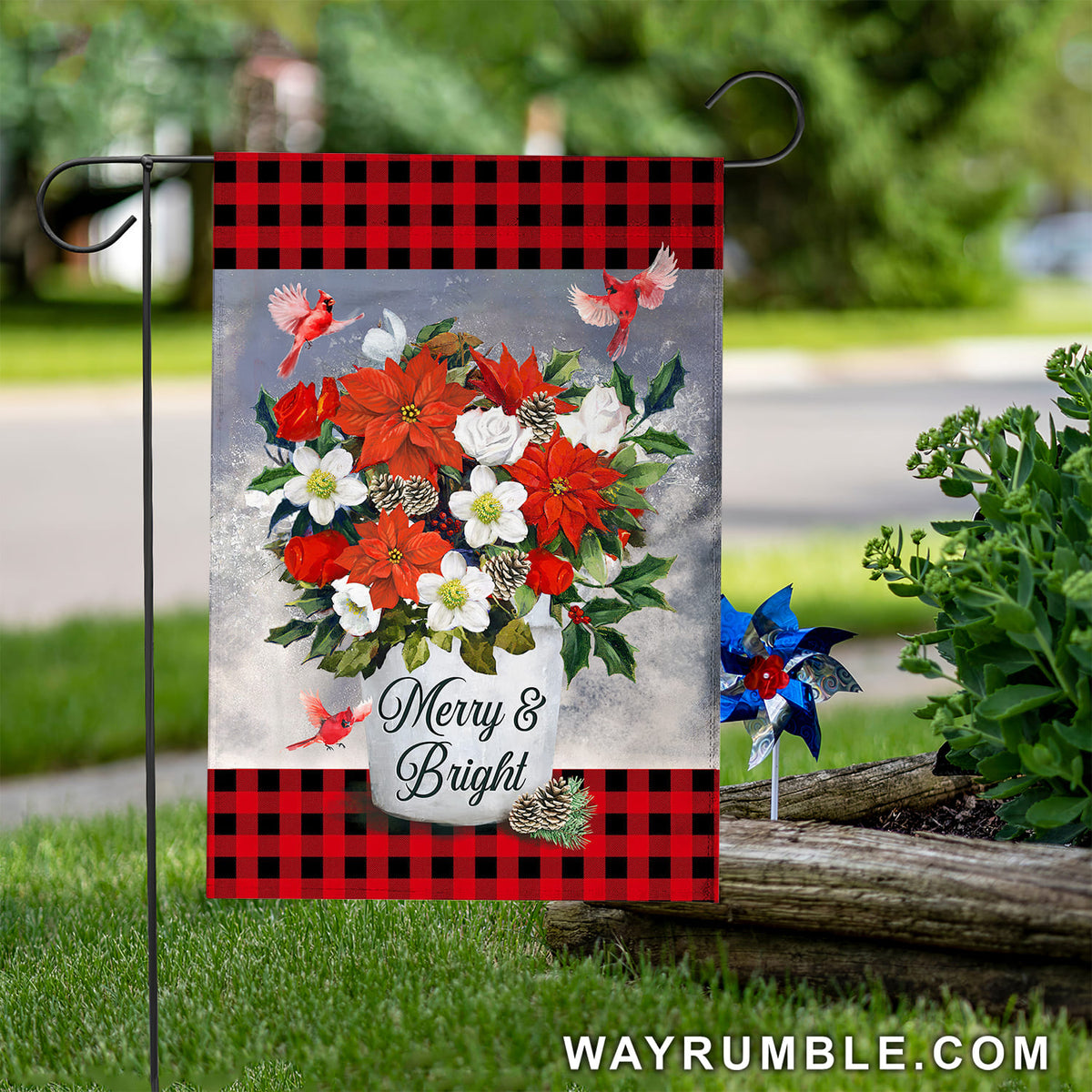 Jesus - Artificial flower and cardinal in flag - Merry and bright - Flag