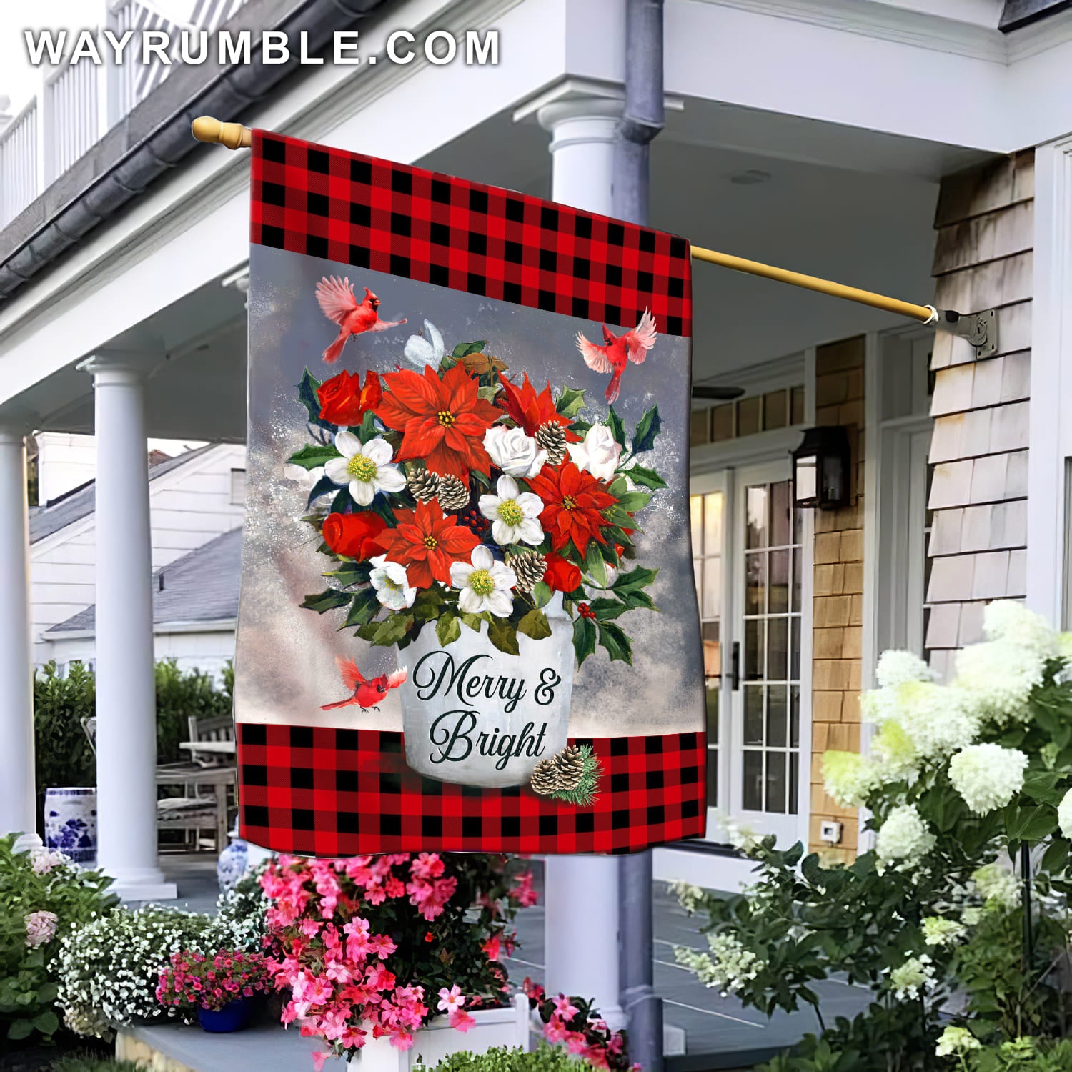 Jesus - Artificial flower and cardinal in flag - Merry and bright - Flag