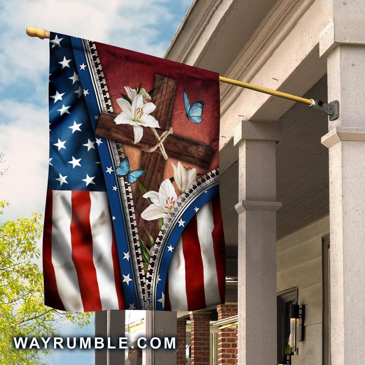 American flag, wooden cross and lily flowers - Jesus US Flag
