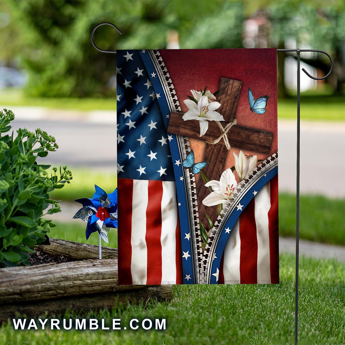 American flag, wooden cross and lily flowers - Jesus US Flag
