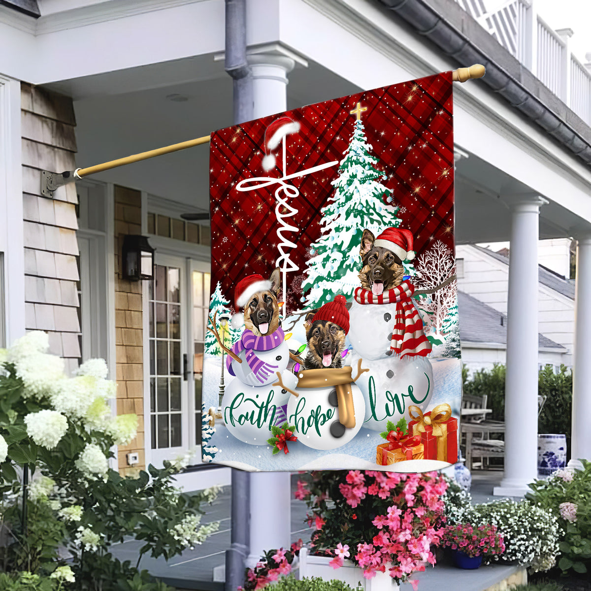 Christmas tree, German shepherd dog, Winter painting, Faith Love Hope - Jesus Flag
