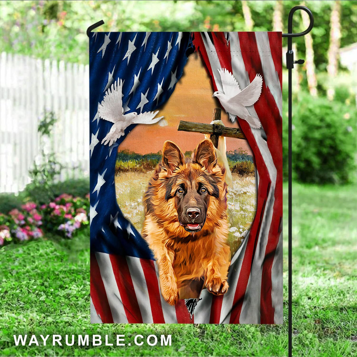 German shepherd on American flag, Dove symbol - Jesus Flag