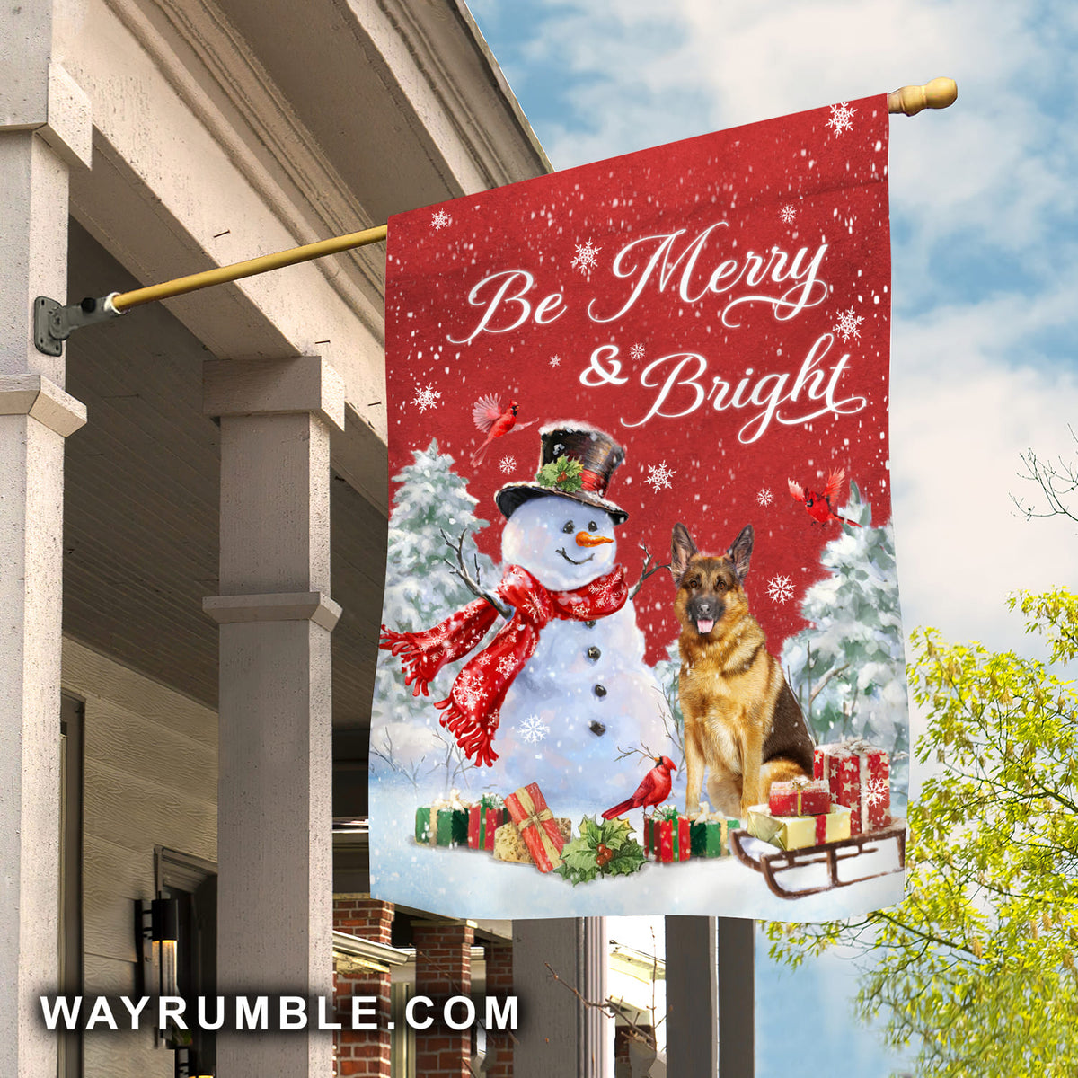 Jesus - Snowman and German shepherd on Christmas - Be merry and bright - Flag