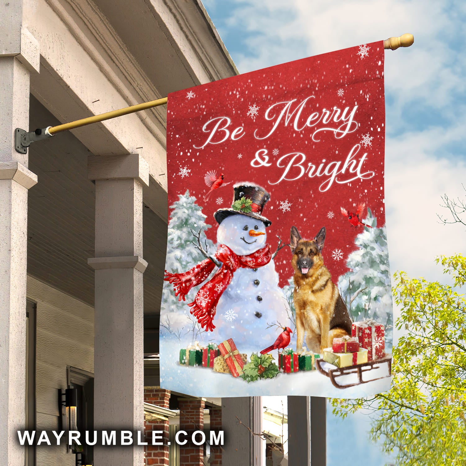 Jesus - Snowman and German shepherd on Christmas - Be merry and bright - Flag