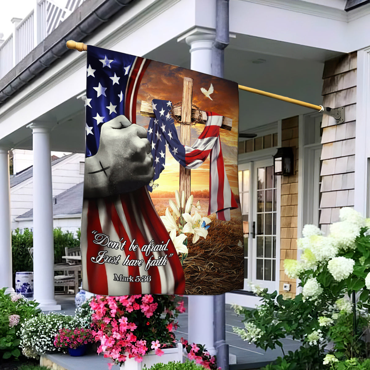 US flag, Cross symbol, Crown of thorns, Don&#39;t be afraid, Just have faith - Jesus Flag