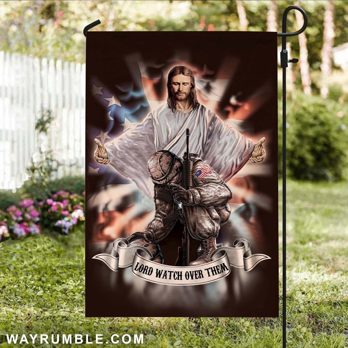 Jesus painting, Veteran in the arms of God, Lord watch over them - Jesus Flag