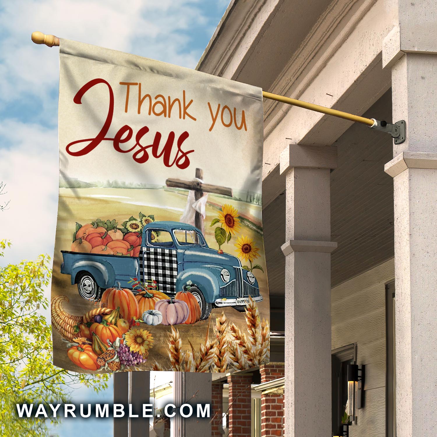 Thank you Jesus - Pumpkin truck - Countryside Landscape Flag