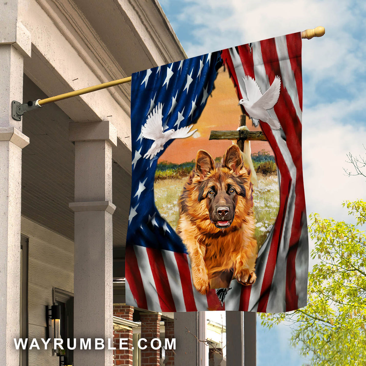 German shepherd on American flag, Dove symbol - Jesus Flag