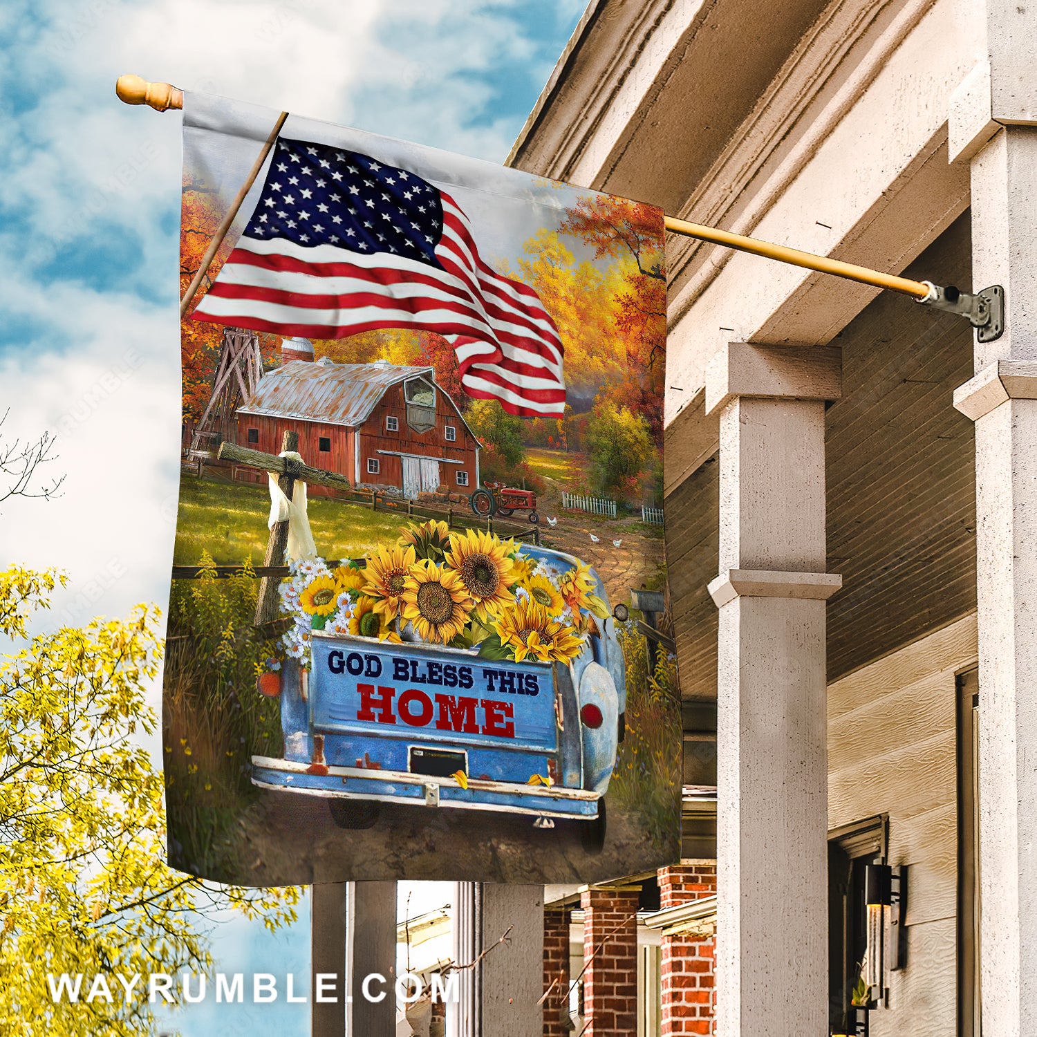 Countryside painting, Sunflower drawing, US flag, Ladybug car, God bless this home - Jesus Flag