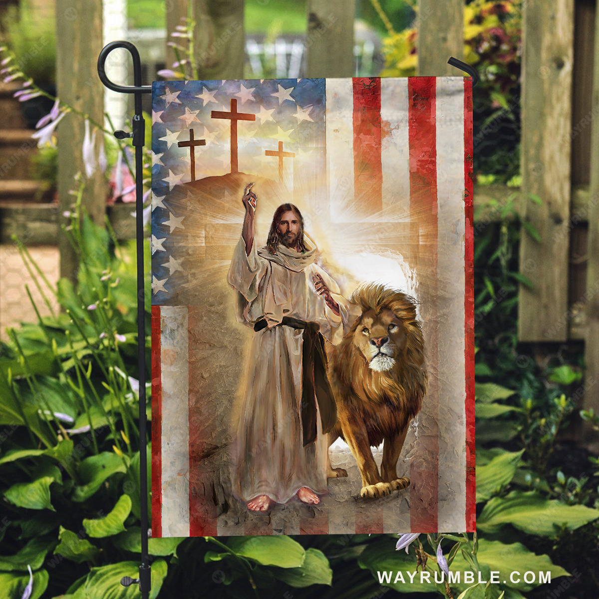 Walking with Jesus, Lion drawing, US flag, Cross symbol - Jesus Flag