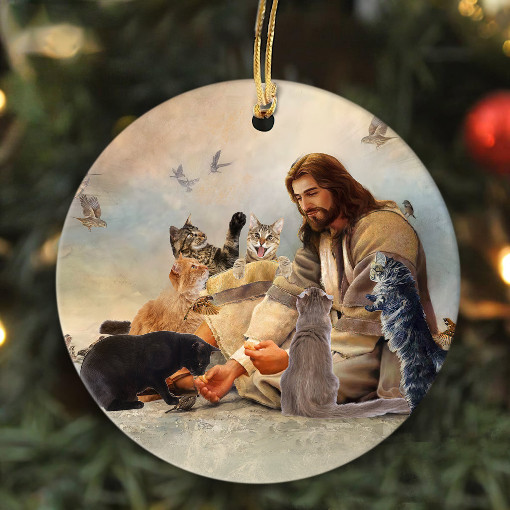Jesus painting, Jesus and the Cats - Jesus Ceramic Circle Ornament