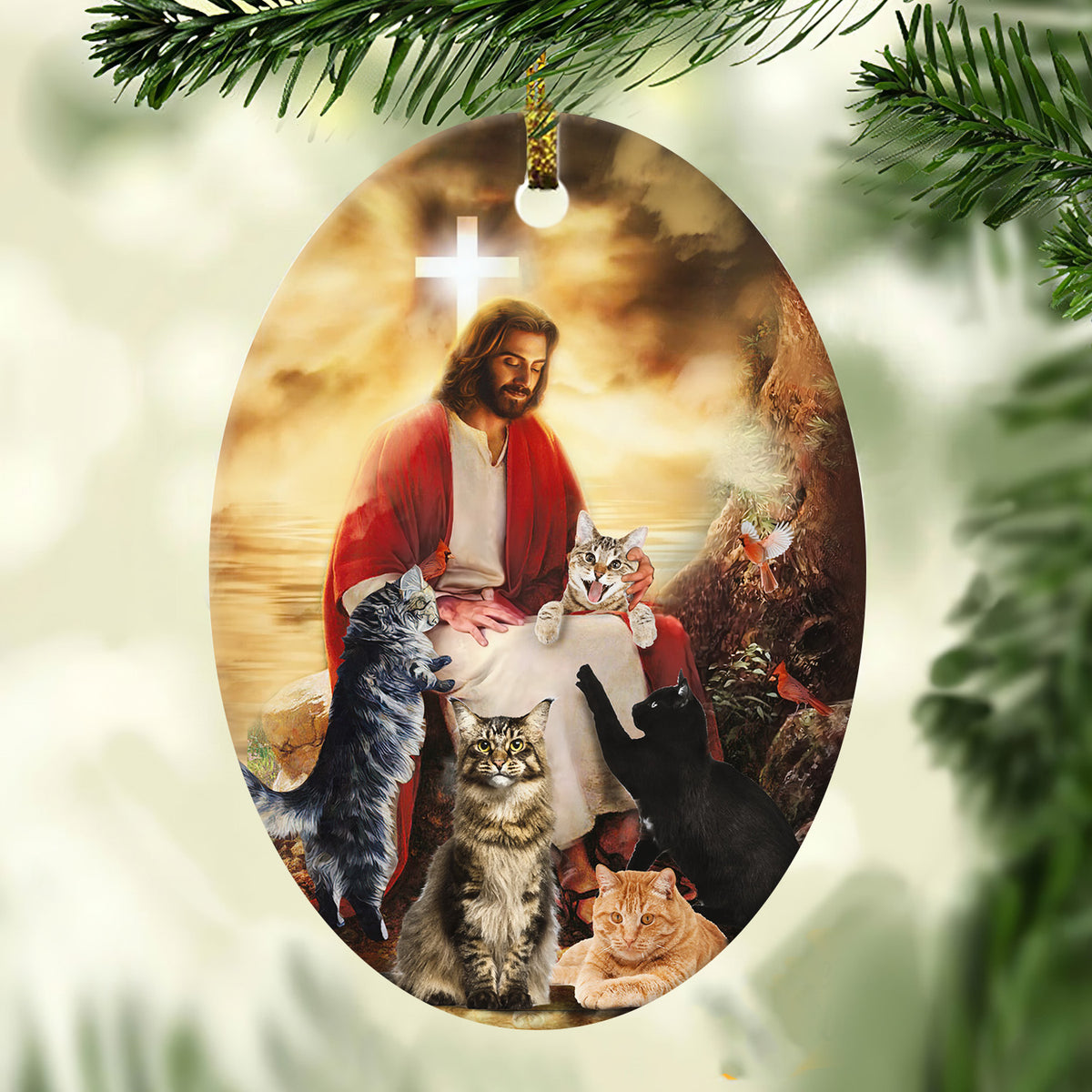 Cats painting, Sitting with Jesus - Jesus Ceramic Oval Ornament