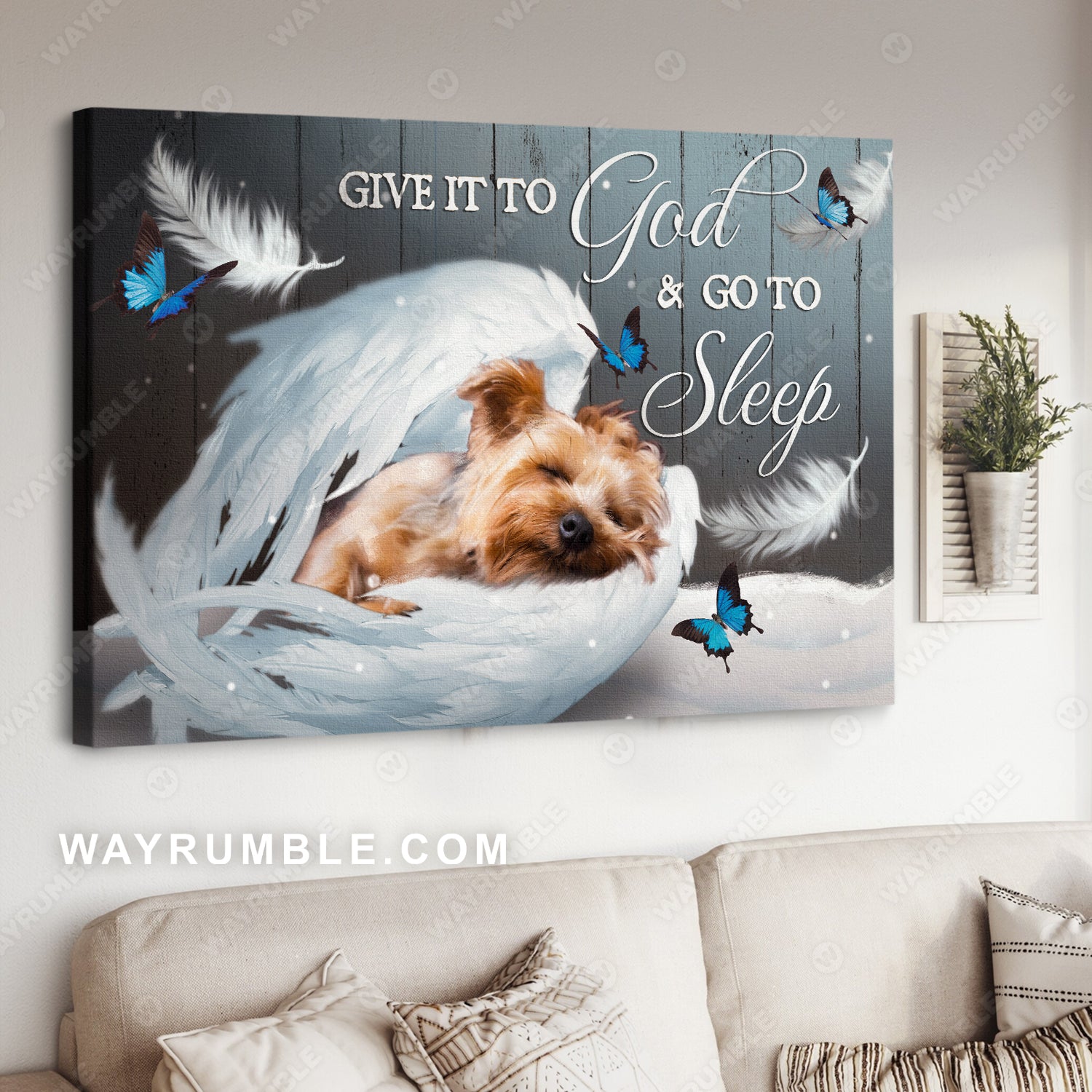 Yorkshire Terrier, Angel wings, Blue butterfly, Give it to God and go to sleep - Jesus Landscape Canvas Prints, Christian Wall Art