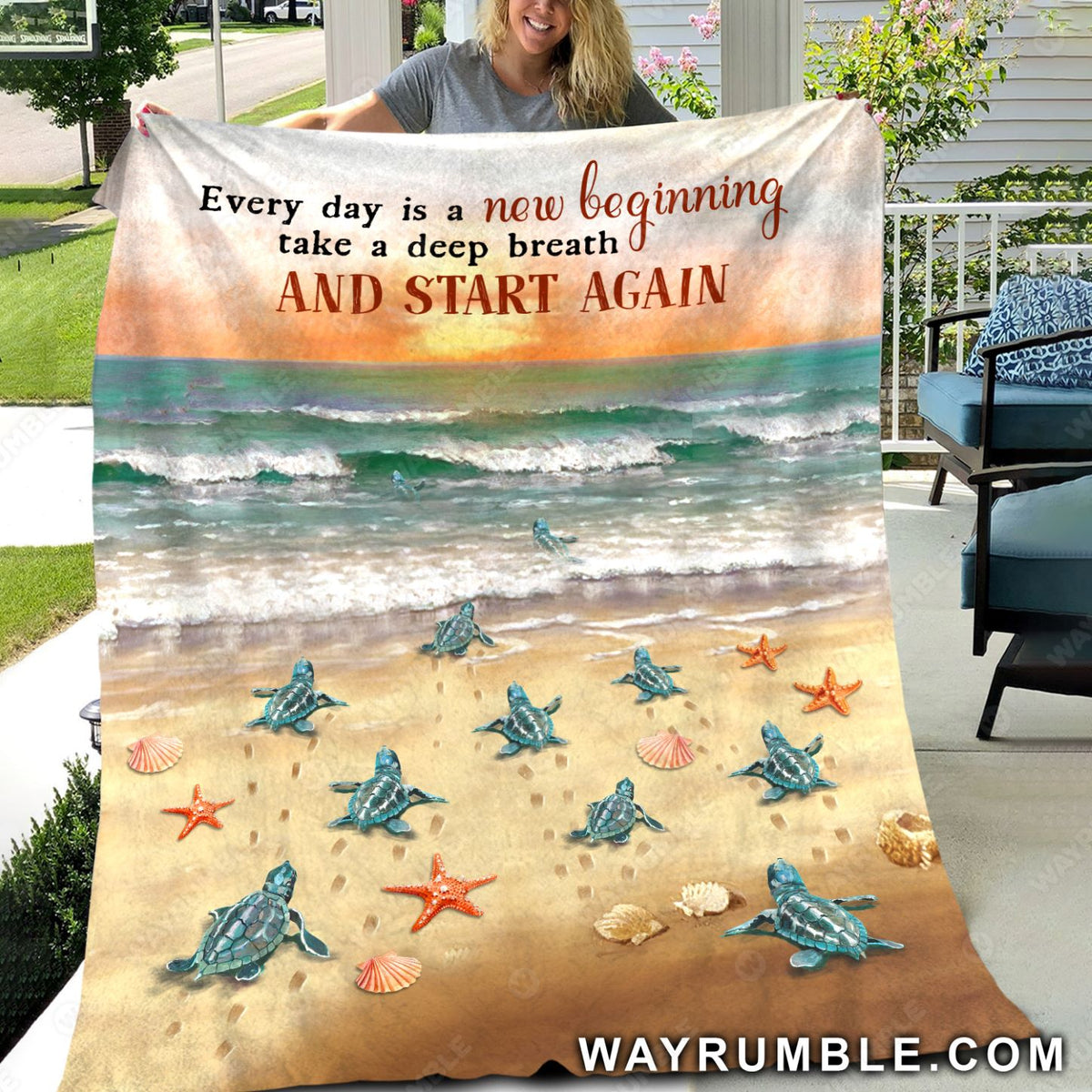 Beautiful sunset, Blue beach, Sea turtle drawing, Every day is a new beginning - Jesus Blanket