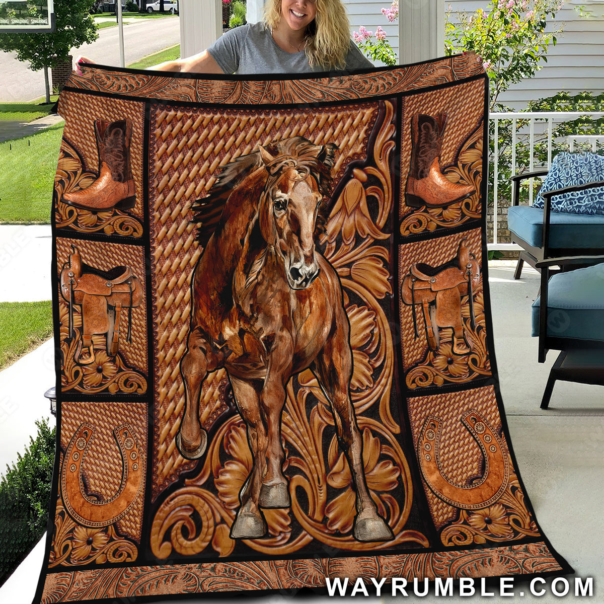 Brown horse, Horseshoe symbol, Flower painting - Jesus Blanket