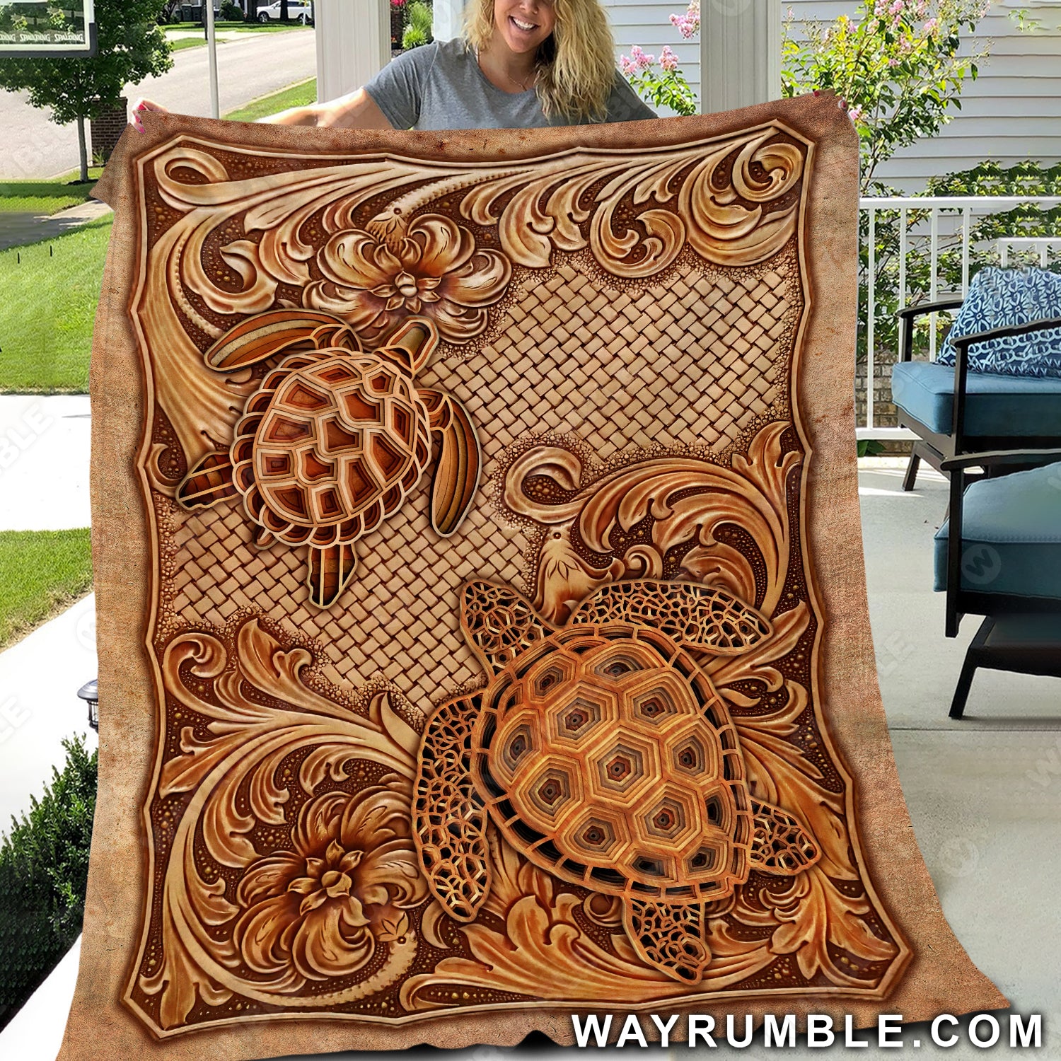 Sea turtle drawing, Vintage pattern, Orange flower garden - Jesus Blanket