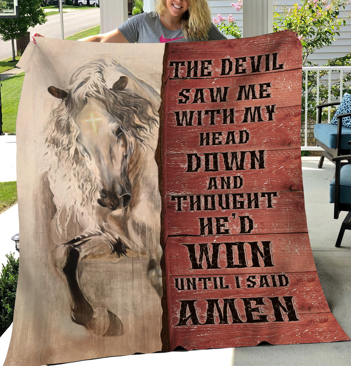 White horse drawing, The devil thought he'd won until I said Amen - Jesus Blanket