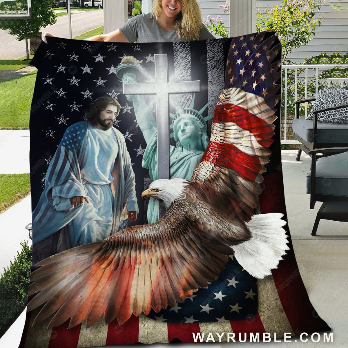 Jesus painting, Bald Eagle, The US flag, Blessed by Jesus Christ - Jesus Blanket