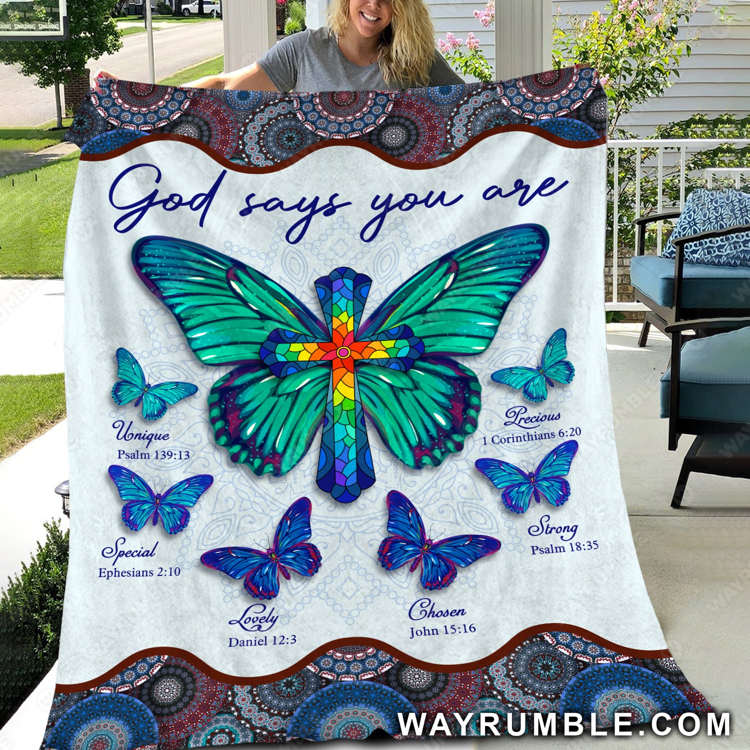Colorful cross, Pretty butterfly, God says you are unique - Jesus Blanket