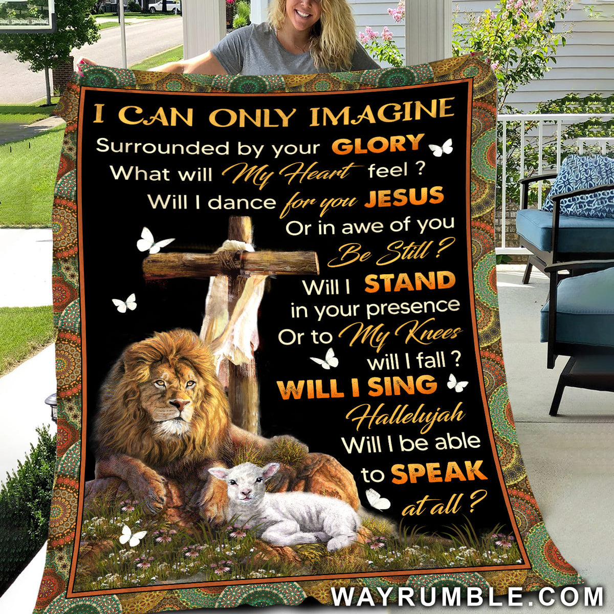 I can only imagine - Jesus, Cross, Lion and sheep on the grassland Blanket