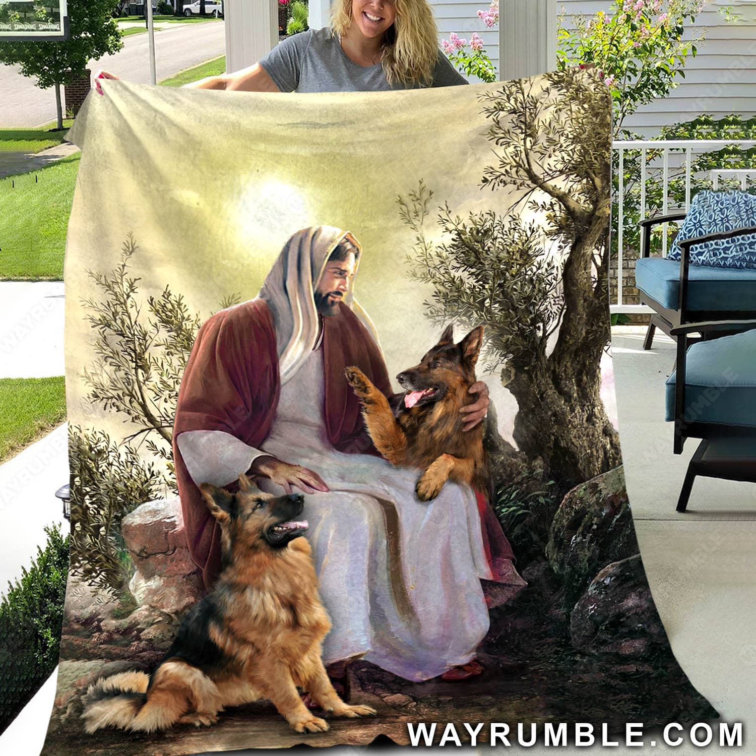 Jesus painting, German Shepherd, Under the tree with Jesus - Jesus Blanket
