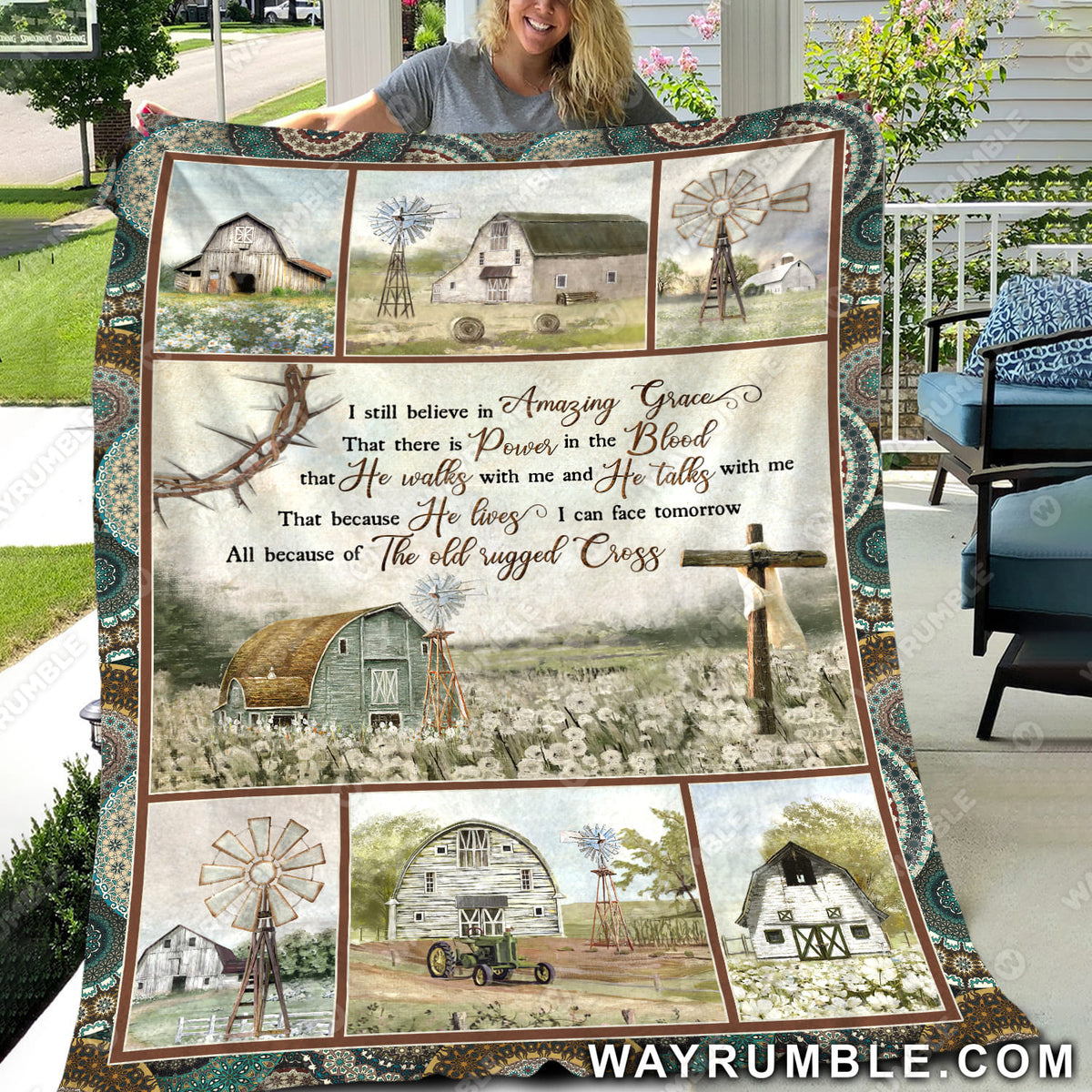 Cotton flower field, Wooden  cross, Vintage house, I still believe in amazing grace - Jesus Blanket