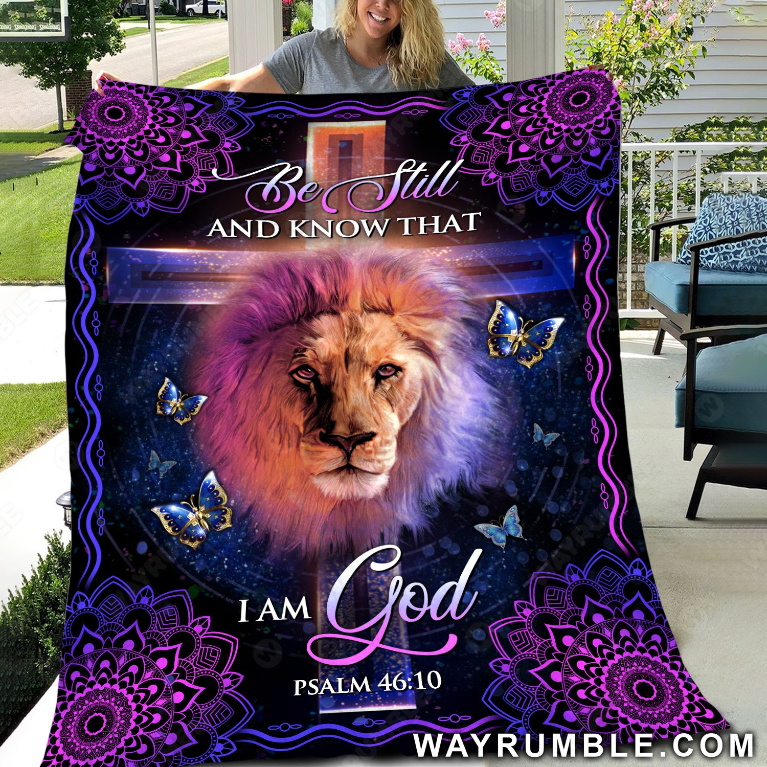 Galaxy painting, Lion of Judah, Beautiful butterfly, Purple background, Be still and know that I am God - Jesus Blanket