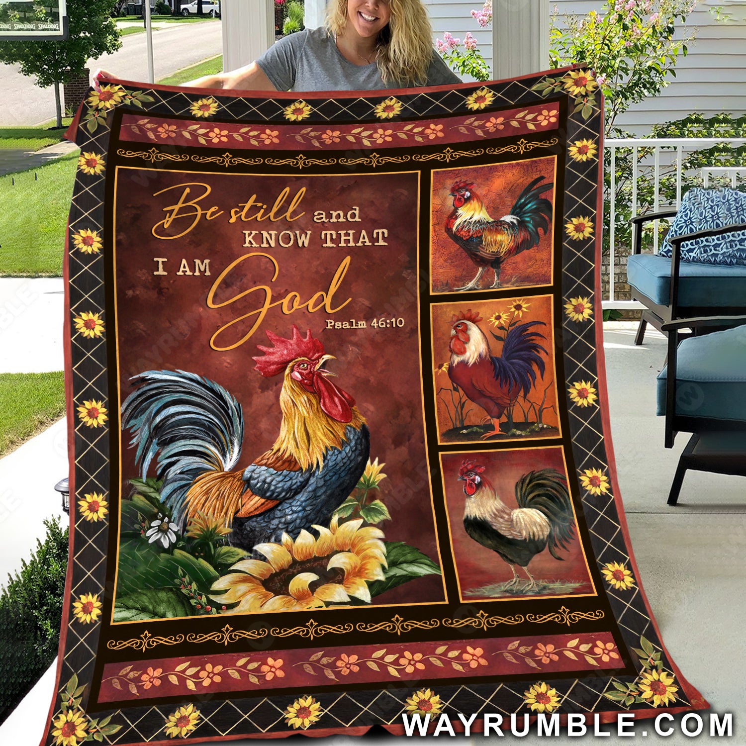 Rooster drawing, Sunflower pattern, Be still and know that I am God - Jesus Blanket
