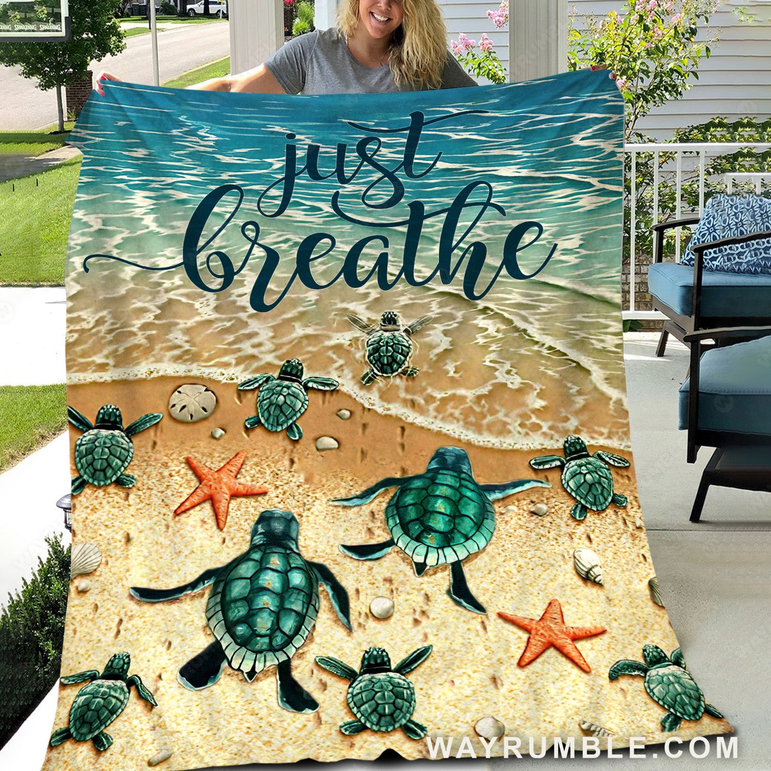 Green sea turtle, Ocean drawing, Orange starfish, Just breathe - Jesus Blanket