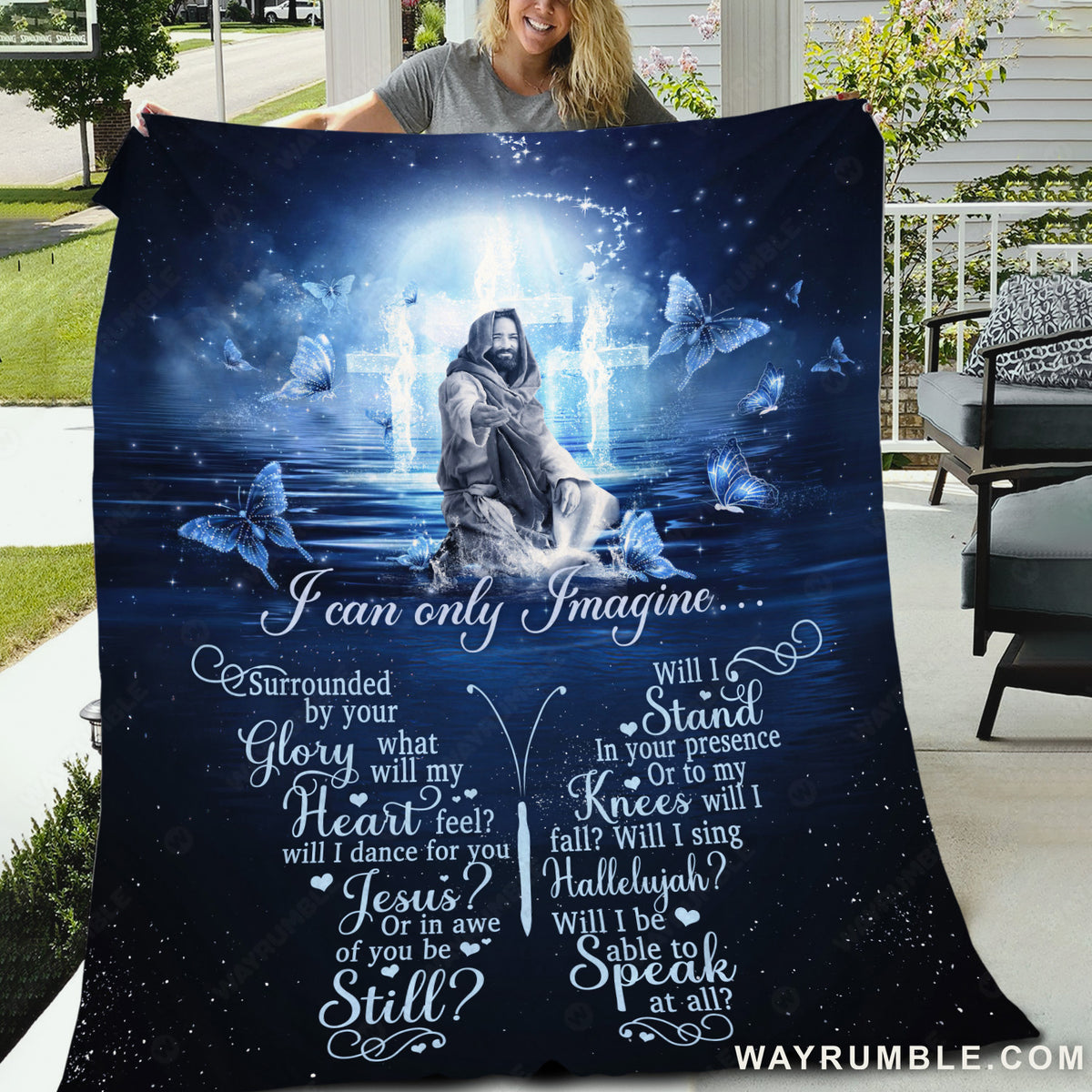 Jesus Christ, Cross symbol, Blue butterfly, Blue background, I can only imagine - Jesus Blanket
