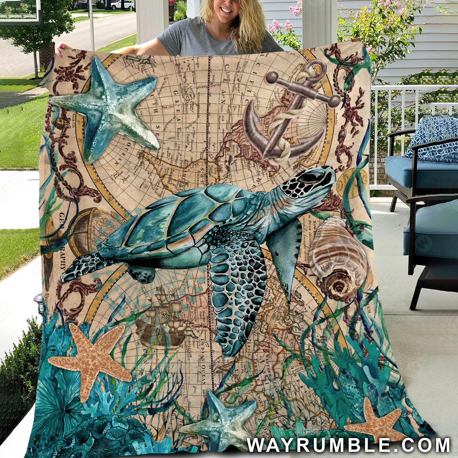 Blue sea turtle, Big starfish, Deep ocean, Vintage map - Jesus Blanket