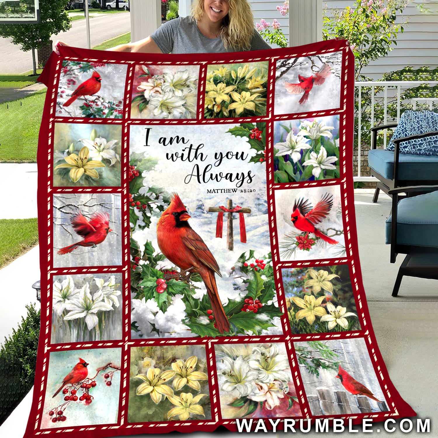 I am with you always - Jesus, Cardinal with beautiful flower, Cross Blanket
